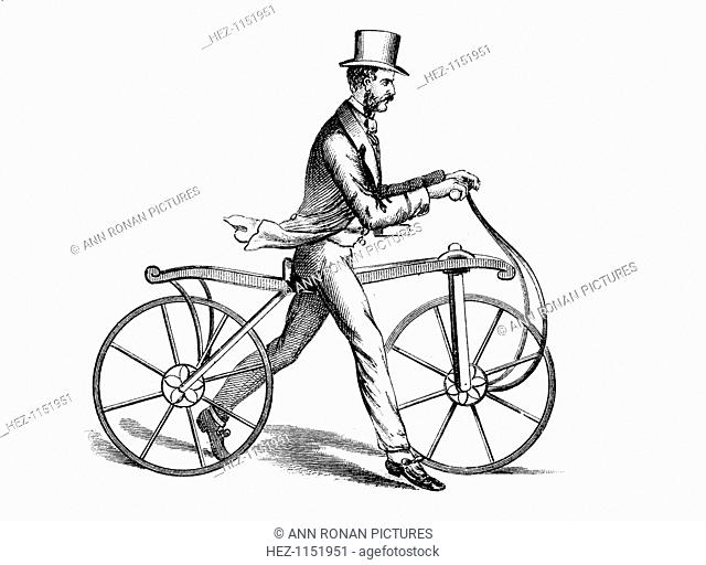 The 'dandy horse', c1818. 'The dandy ' or 'hobby horse' was the forerunner of the bicycle and was invented by Baron von Drais in France in 1817