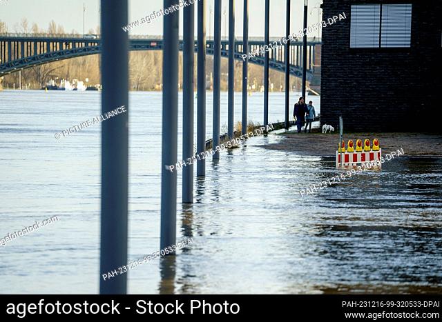 16 December 2023, Rhineland-Palatinate, Mainz: People walk along the flooded banks of the Rhine at the Zoll- und Binnenhafen district