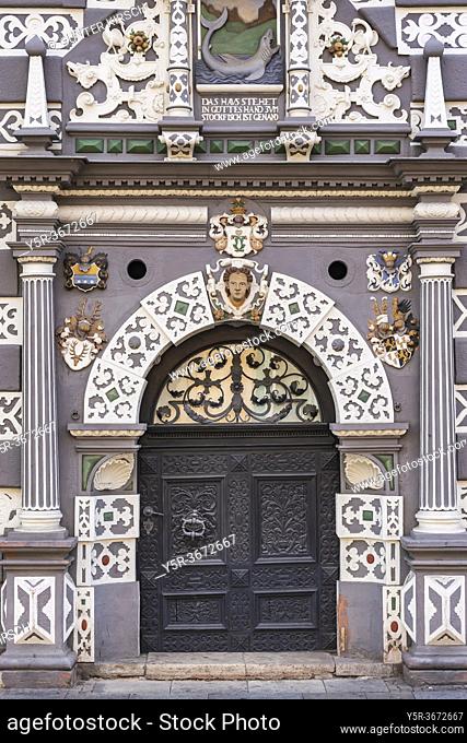 Richly decorated entrance at the Haus zum Stockfisch. The Haus zum Stockfisch, built in 1607, has been the town museum since 1994