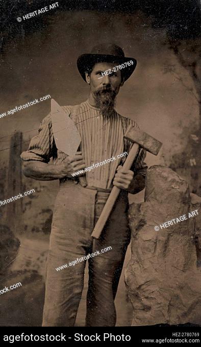 Mason (?) Holding a Trowel and Sledgehammer, 1870s-80s. Creator: Unknown