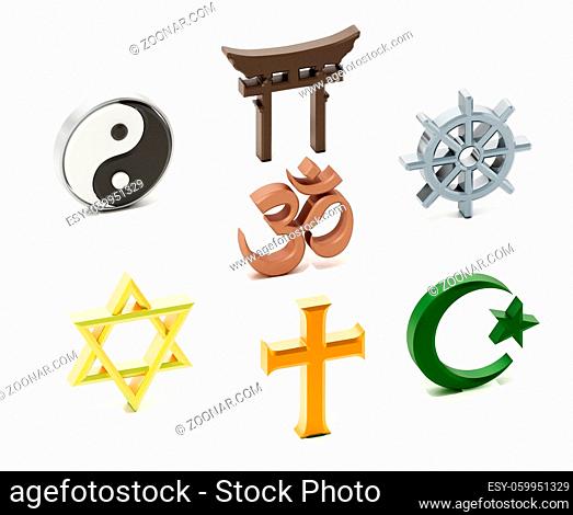 Spiritual and religious symbols isolated on white. 3D illustration