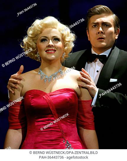 Laura Parfitt as Marilyn Monroe and Garrie Davislim as J.F. Kennedy rehearse the opera 'Happy Birthday, Mr. President' by Kriss Russmann (music) and Syllaynn...