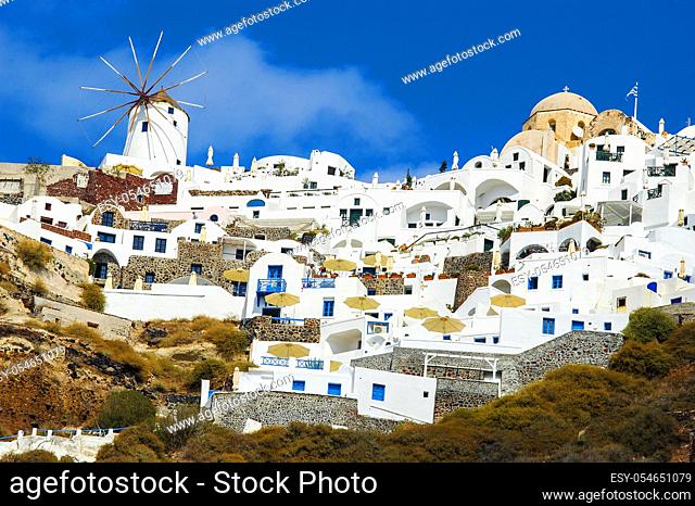 view of the city of oia in santorini, photo taken from the old port