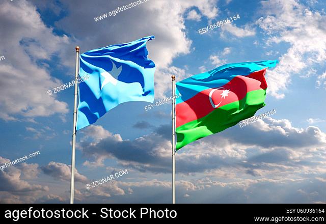Beautiful national state flags of Somalia and Azerbaijan together at the sky background. 3D artwork concept