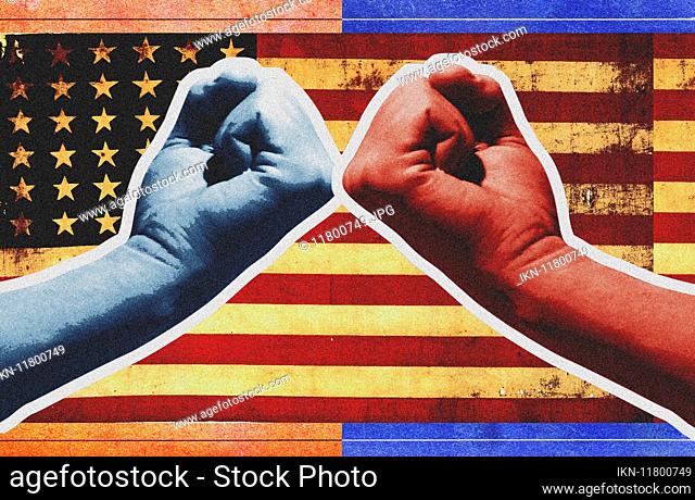 Blue and red fists and United States flag