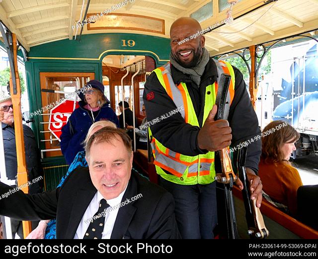 PRODUCTION - 13 June 2023, USA, San Francisco: ""Cable Car Gripman"" Derrick Johnson stands in the historic cable car ""Big 19"" (built in 1883) at the lever...