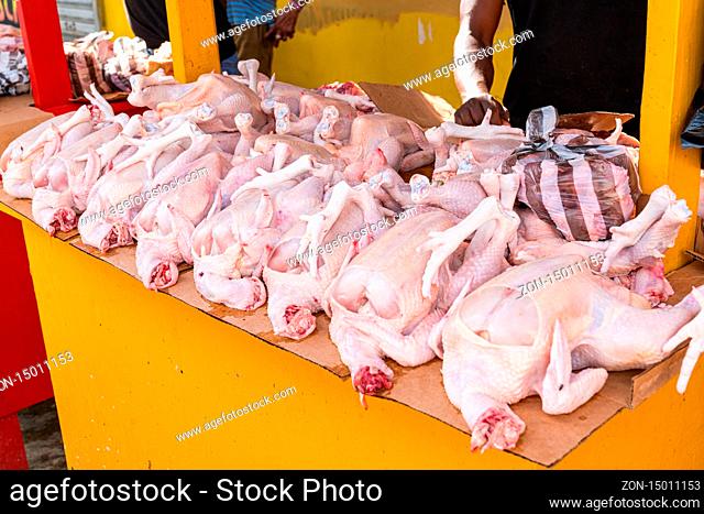 Raw whole chicken sold in local market, Dominican Republic