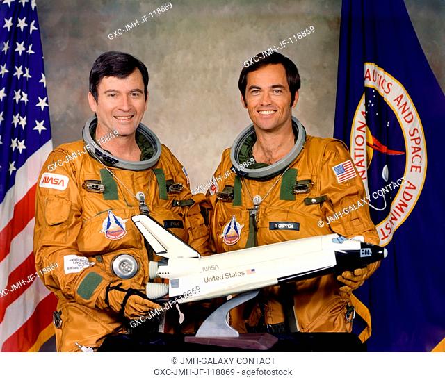 These two astronauts are the prime crewmen for the first flight in the Space Transportation System (STS-1) program. Astronauts John W