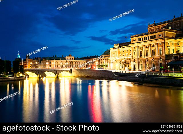 Night View Of Illuminated Stockholm Royal Opera in Evening, Sweden