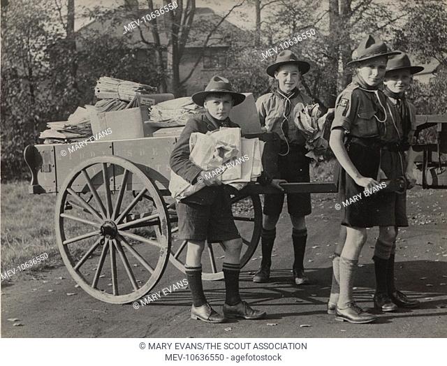 Scouts collecting waste paper with their trek cart during the Second World War in Riddlesden