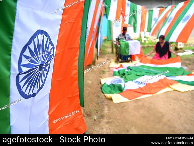 Workers prepare Indian national flags at a workshop ahead of India’s Independence Day celebrations on the outskirts of Agartala. Tripura, India