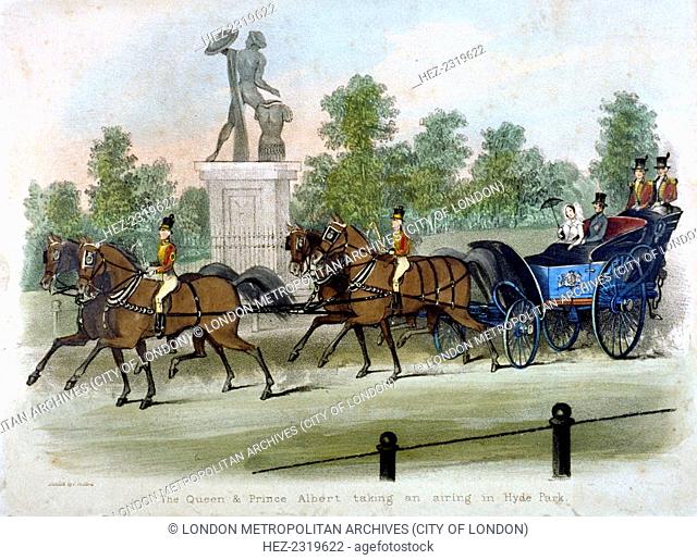 Queen Victoria and Prince Albert taking air in Hyde Park, London, c1840. The royal couple passing Richard Westmacott's statue of Achilles