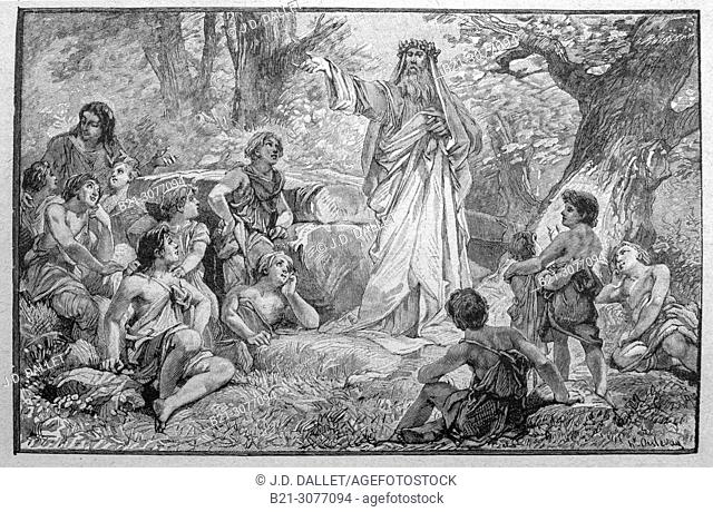 France. Druid lecturing in a forest. A druid was a member of the high-ranking professional class in ancient Celtic cultures