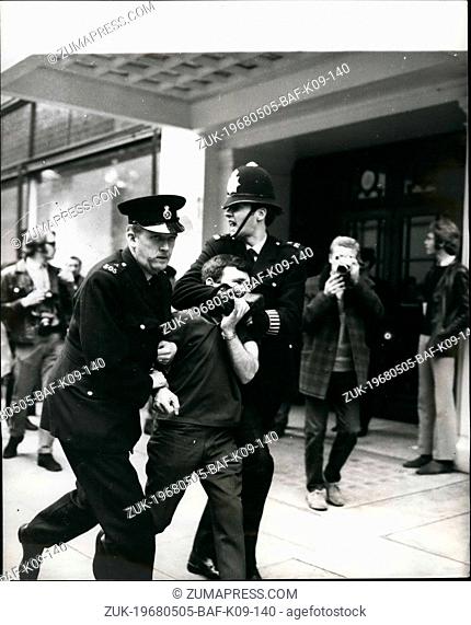 May 05, 1968 - Police Clashe with London marchers: Police fought running battles with young rioters when a protest march to the French Embassy in London...