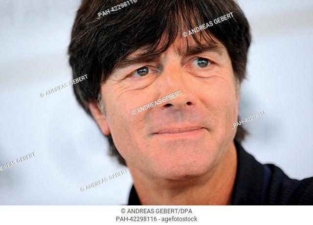 Head coach of the German national soccer team Joachim Loew smiles during a press conference of the German team in Munich, Germany, 04 September 2013