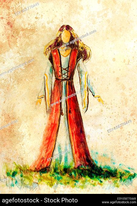 painting of woman medieval historic dress on paper, designer sketch
