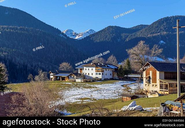 Alpine scenery around a village named St Felix in South Tyrol at winter time