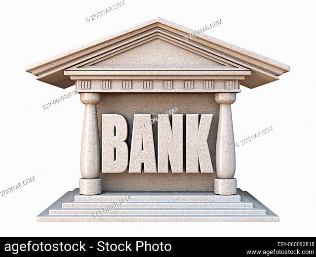 Bank building front view 3D render illustration isolated on white background
