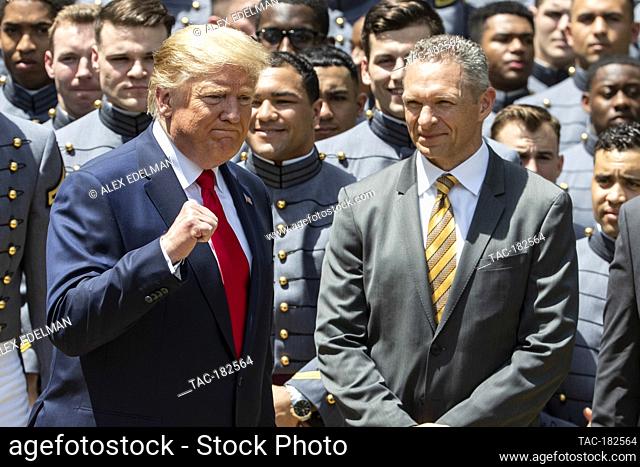 U.S. President Donald Trump exits the rose garden after presenting the Commander-in-Chief’s trophy to the U.S. Military Academy football team in the White House...