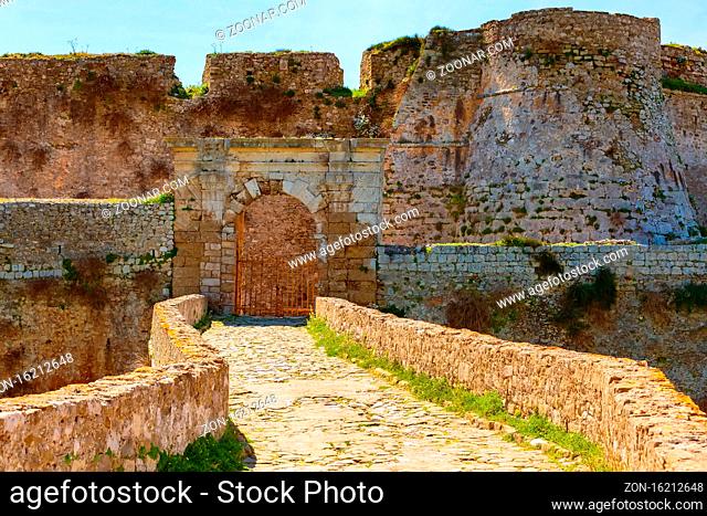 Entrance bridge to castle of Methoni in Messinia, Peloponnese, Greece