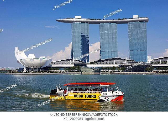 Duck Tours boat with Marina Bay Sands Hotel at the background, Singapore