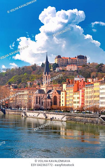 Saint Georges church and Saone river in the Old town om the sunny day, Lyon, France