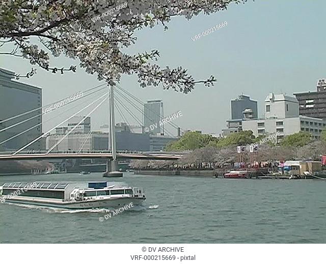 Medium shot of a sightseeing boat traveling along a river with a cable-stayed bridge in the background