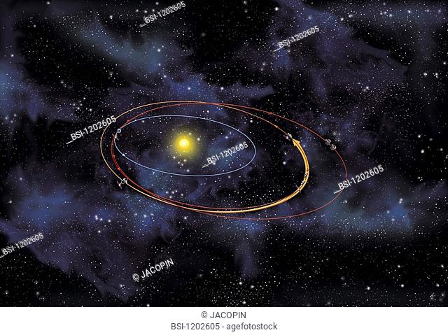 ASTEROID, DRAWING<BR>The asteroid Eros.<BR>Illustration of the US space probe NEAR travelling through space to record observations