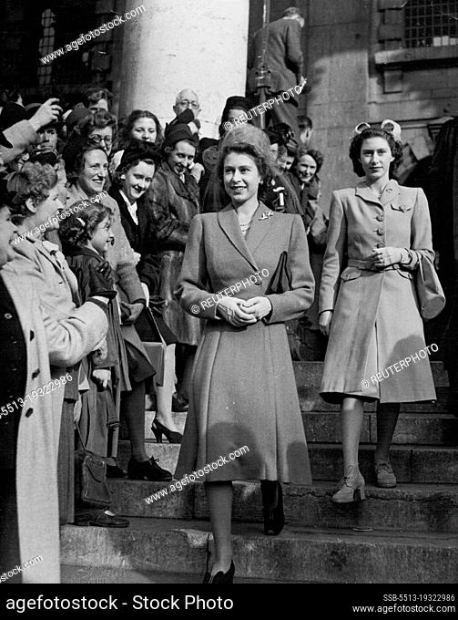 Married At St. Martin's -- Princess Elizabeth and Princess Margaret pictured as they left St. Martin's-in-the-Fields to the cheers of spectators after the...