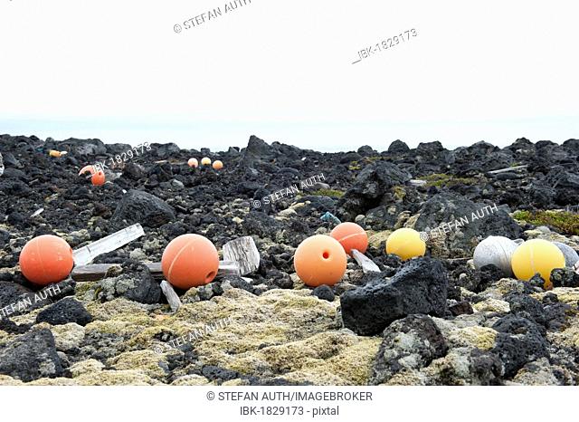 Buoys, swimmers, floating debris, stranded goods, near Dritvík, Snæfellsnes peninsula, Ísland, Iceland, Scandinavia, Northern Europe, Europe