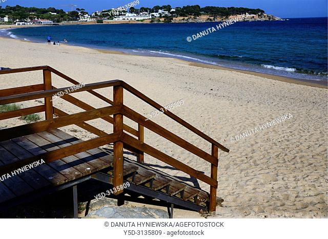 Sant Feliu de Guixols resort, Sant Pol sandy beach, Sant Pol beach is a passage between resorts S'Agaro and Sant Feliu de Guixols, view for S'Agaro, Costa Brava
