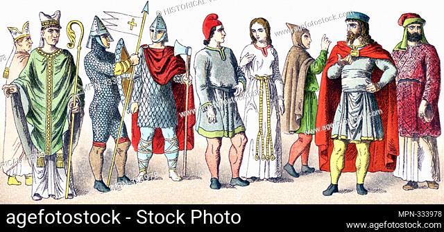 The figures depicted here show people of France in the year A. D. 1000. They are, from left to right: two bishops, two warriors, commoners (two men and a woman)