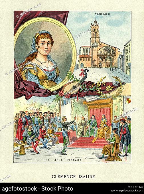 Old color lithography portrait of Clemence Isaure (1463-1513) Legendary medieval woman, founder of the Acadèmia dels Jòcs Florals or Academy of Floral Games