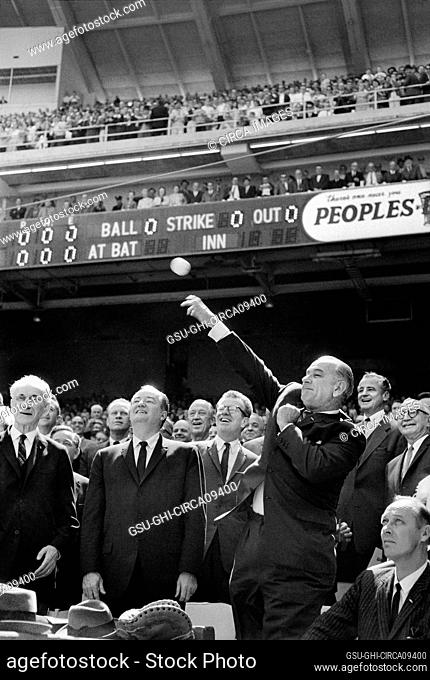 U.S. President Lyndon Johnson tossing Baseball at Opening Day game, Washington, D.C., USA, Warren K. Leffler, Marion S. Triosko, April 12, 1965