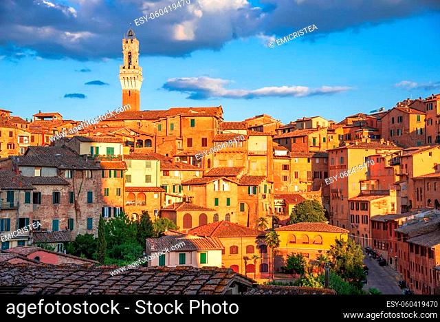 Siena, Italy. Summer scenery of Siena, a beautiful medieval town in Tuscany, sunset over Torre del Mangia