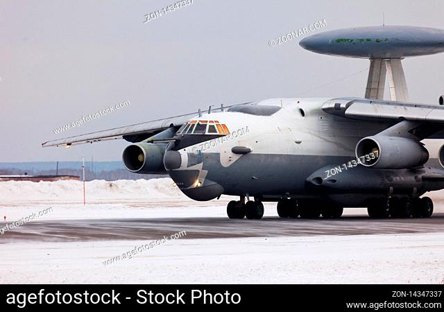 NOVOSIBIRSK, RUSSIA - FEBRUARY 17, 2010: Aircraft A50U with radar on the runway at the airport of Novosibirsk Tolmachevo