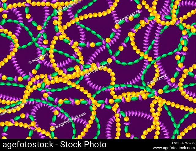 Seamless pattern with beads in Mardi Gras colors. Carnival background for traditional holiday or festival