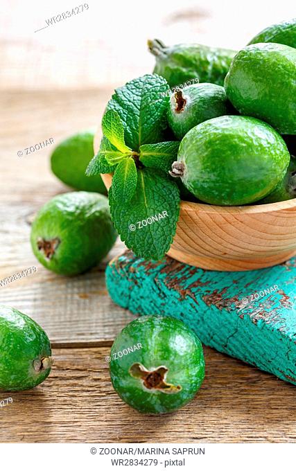 Feijoa fruit and green mint