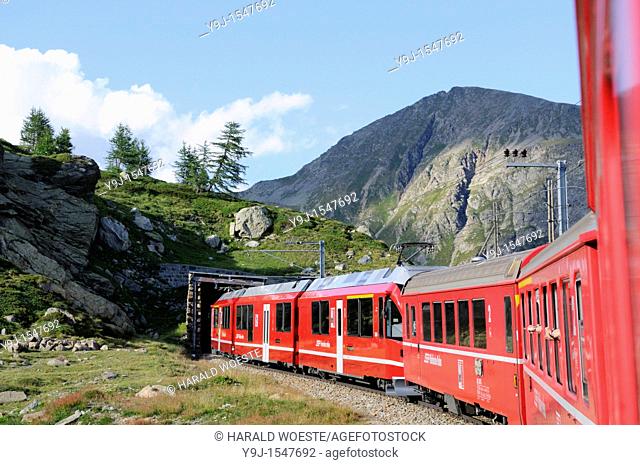 Train ride with Rhätische Bahn on the Bernina line from Ospizio Bernina to Poschiavo  Switzerland, Western Europe, Graubünden, Bernina