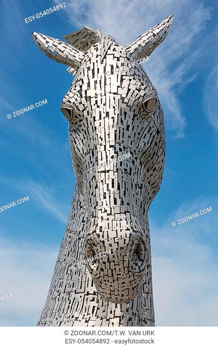 Falkirk, Scotland - May 19, 2018: Kelpies, famous sculptures of horse heads, public art by Andy Scott in Helix park near Falkirk