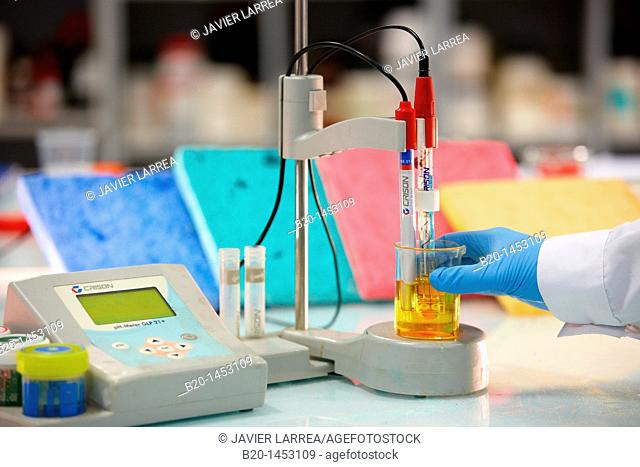Selective electrode pH meter and samples of coloured cement for study of colour effects, microencapsulation and chemical preparation laboratory