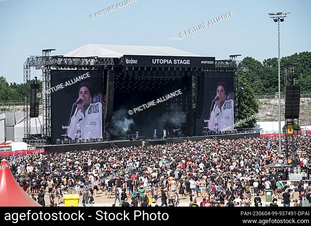 04 June 2023, Bavaria, Nuremberg: View of the Utopia Stage and the audience of the band Fever 333. Closing of the open-air festival Rock im Park