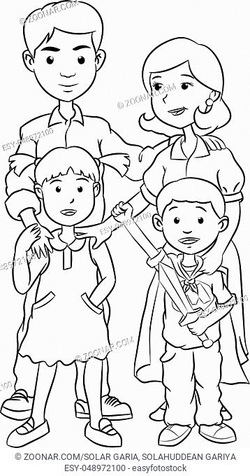 Cartoon of Happy young family in casual clothes with two children. Hand drawn line art vector illustration color black and white