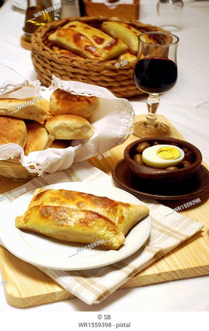 Chile, Empanadas in a basket and pan amasado, South America