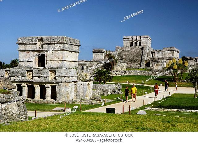 Paintings Temple and Castillo Bldg. Mayan ruins of Tulum. Maya Riviera. Quintana Roo, Mexico