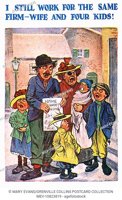 Ragged British Family Carol Singing - Christmas - this card bears the title: I still work for the same firm - Wife and four kids !!