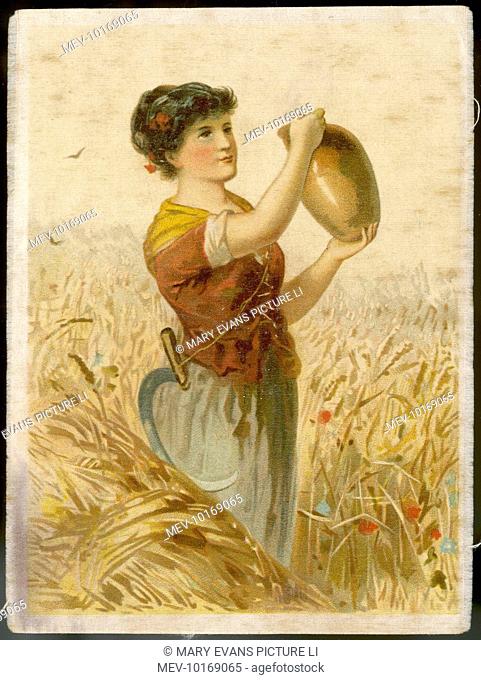 A dark haired young woman stands amid a corn field with a hand scythe hanging from her waist & a jug in her hand. In her hair are poppies & cornflowers from the...