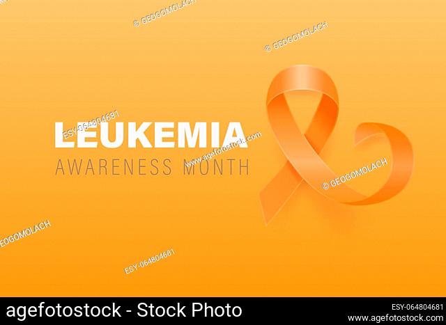 Leukemia, Blood Cancer Banner, Card, Placard with Vector 3d Realistic Orange Ribbon on Orange Background. Leukemia Cancer Awareness Month Symbol Closeup