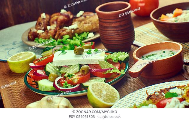 Greek cuisine , Traditional assorted dishes, Top view