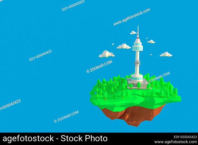 3D illustrator Seoul Tower of South Korea, 3d rendering Low Polygon Geometry Background. Abstract Polygonal Geometric Shape. Lowpoly Minimal Style Art